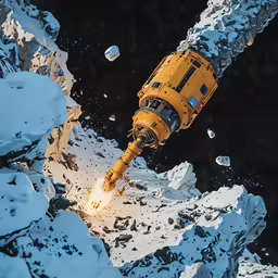 a yellow snow blower hitting rocks in the air