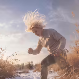 a girl is kicking through the snow as she looks at her