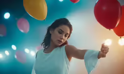 a woman holding onto some red, yellow and green balloons