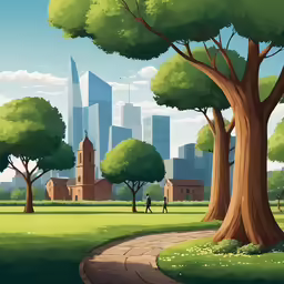 there is a park with buildings in the background