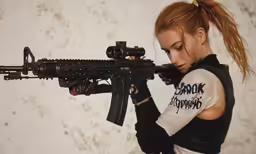 a woman holding a rifle with her arms