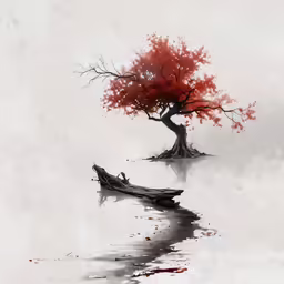 a lone tree with red leaves stands on top of a small, broken boat in water