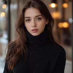 a girl is posing in front of a restaurant