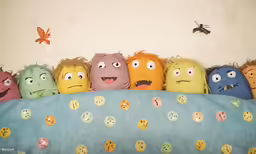 five different colored toys sitting together in a row