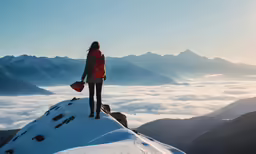 woman standing on top of snow covered mountain with red bag