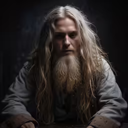 a man with long hair and beard, sitting in front of a table