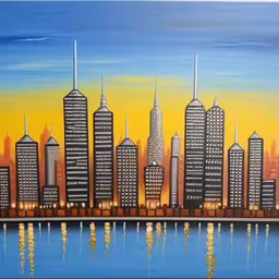 a painting of a city that is lit up at night,a painting that looks like a city in a lake,a painting of a city skyline on the water,a painting of a city skyline at sunset,an art painting of a large city with its lights reflected in the water