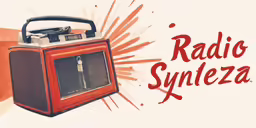 a red radio on a white background with the words radio syneza