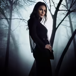 a woman in black in a misty forest