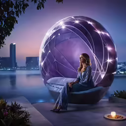 a woman sitting on a large purple chair by a lake