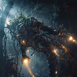 a tree has been covered with vines and glowing lights