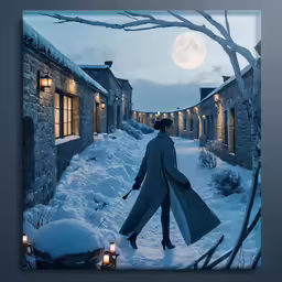 a woman walking on a path with two lights in the distance