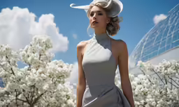 a beautiful blond woman in a gray dress posing for the camera
