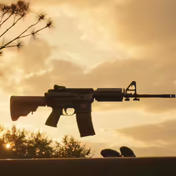 a gun and its barrel in the foreground as the sun is setting