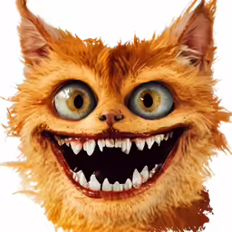 a funny looking kitty with big teeth and one large eyes