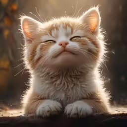 a small cat looking upward while lying on the ground