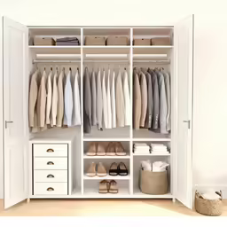 the room has white shelves with clothes and shoes on it