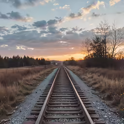 a train track in the distance on top of a dry grass field