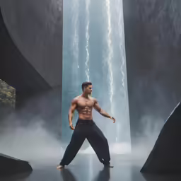 a man standing in front of a waterfall