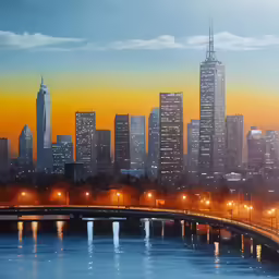 the city is lit up at night along the river