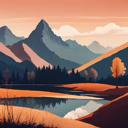 a painting of the view of mountains and water,a painting of mountains in a golden sky