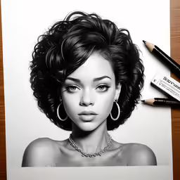 a drawing of a young woman wearing large earrings