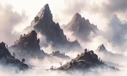 a mountain in the fog covered with low lying clouds