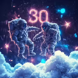 two astronauts walking into the sky surrounded by clouds