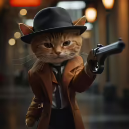 a cat with a fedora and trench coat holding a gun