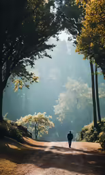 a person on a dirt path through a forrest