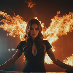a woman standing in front of an enormous flame