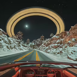 an image of an open road and snowy hills