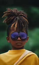 a close up of a child wearing some sunglasses