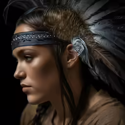 a woman wearing a feathered headdress with large silver feathers