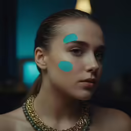 a close up of a person wearing blue circles on their face