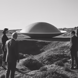 three people are standing in the grass with an object in the background
