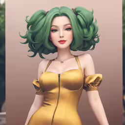a 3d model with green hair and bright yellow dress