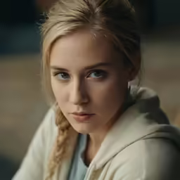 a blonde woman is looking at the camera