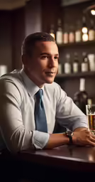 man sitting at bar with beer in glass