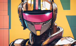 the robot is standing with its head facing the camera,a robot with bright colored paint on it