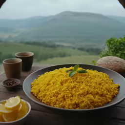 there is a platter with a lot of yellow rice