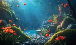 a painting of a stream through a forest with orange flowers