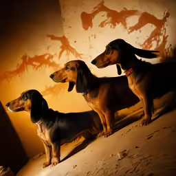 three dachshund dogs, one standing in front of a painting on the wall