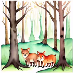 two foxs looking at something in the distance,a painting of two foxes in a forest,a painting of two foxes in the woods,a painting of two foxes in the woods,a painting shows three foxes in a wooded area