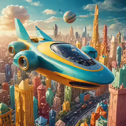 a futuristic, flying blue and yellow aircraft over a city