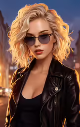 the beautiful blonde haired woman in sunglasses is posing on the street