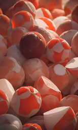 a close - up of orange and white marbles with a red dot in the center