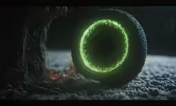 a glowing, green ring sits next to a tire