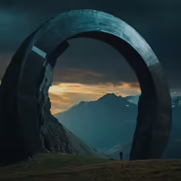 a couple stands under a large arch with the sun setting in the background