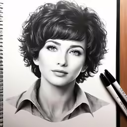 a photo of a girl with long hair is drawn in graph pencil